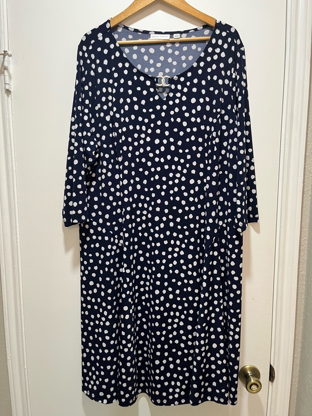 Susan Graver Liquid Knit Blue & White Polka Dot Print Dress Sz 2X Career